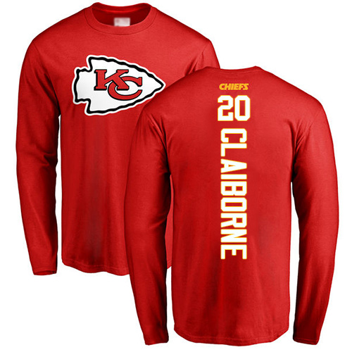 Men Kansas City Chiefs #20 Claiborne Morris Red Backer Long Sleeve T-Shirt->nfl t-shirts->Sports Accessory